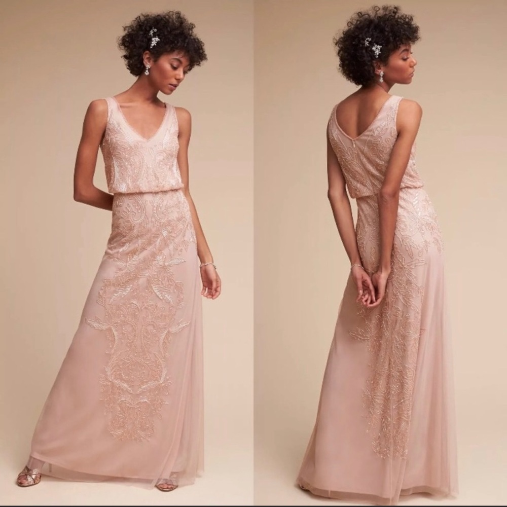 BHLDN Adrianna Papell Beaded Sequin Aubrey Dress Bridesmaid Maxi Blush Pink 0